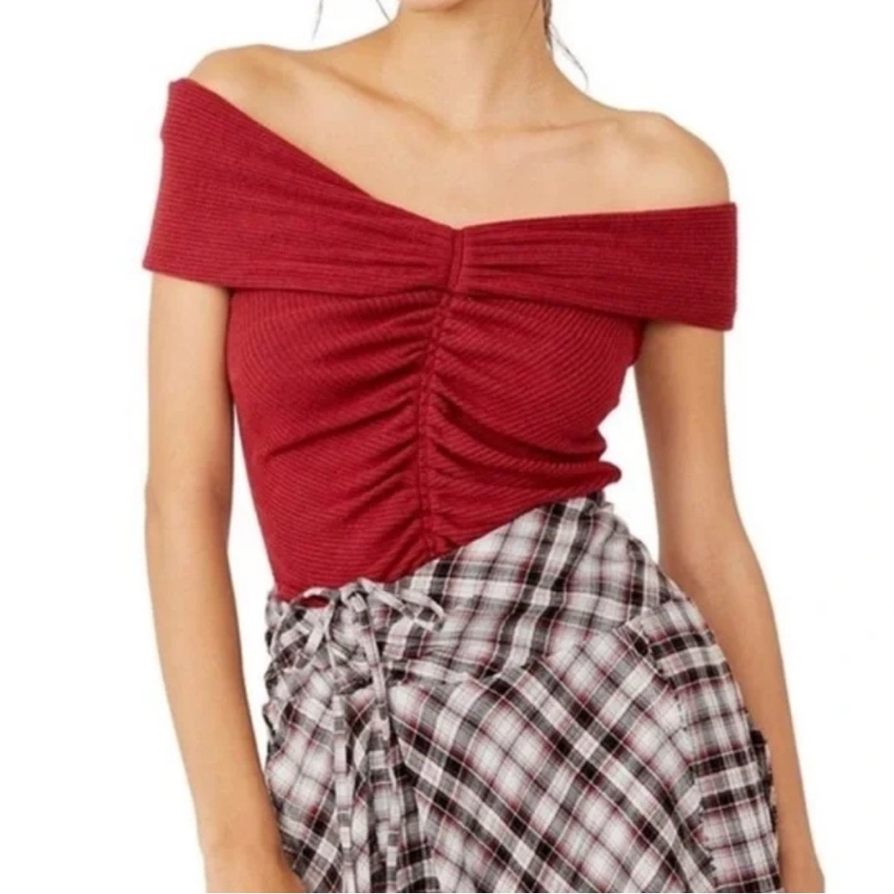 Free People Off-Shoulder Ruched Knit Top in Red